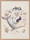 A playful marine composition with a mermaid, whale, and fish swimming amidst soft-toned corals, part of the Little Tails Collection by Urban Road.