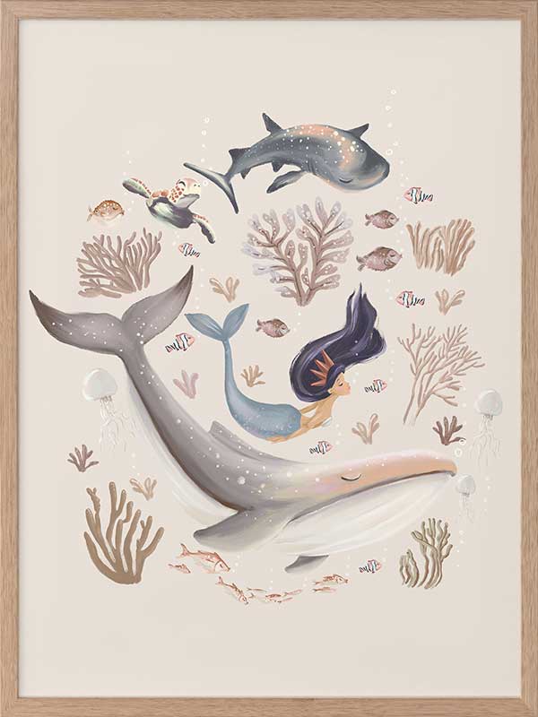 A playful marine composition with a mermaid, whale, and fish swimming amidst soft-toned corals, part of the Little Tails Collection by Urban Road.