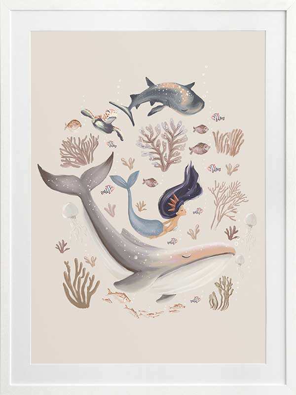 A playful marine composition with a mermaid, whale, and fish swimming amidst soft-toned corals, part of the Little Tails Collection by Urban Road.