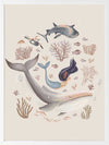 A playful marine composition with a mermaid, whale, and fish swimming amidst soft-toned corals, part of the Little Tails Collection by Urban Road.