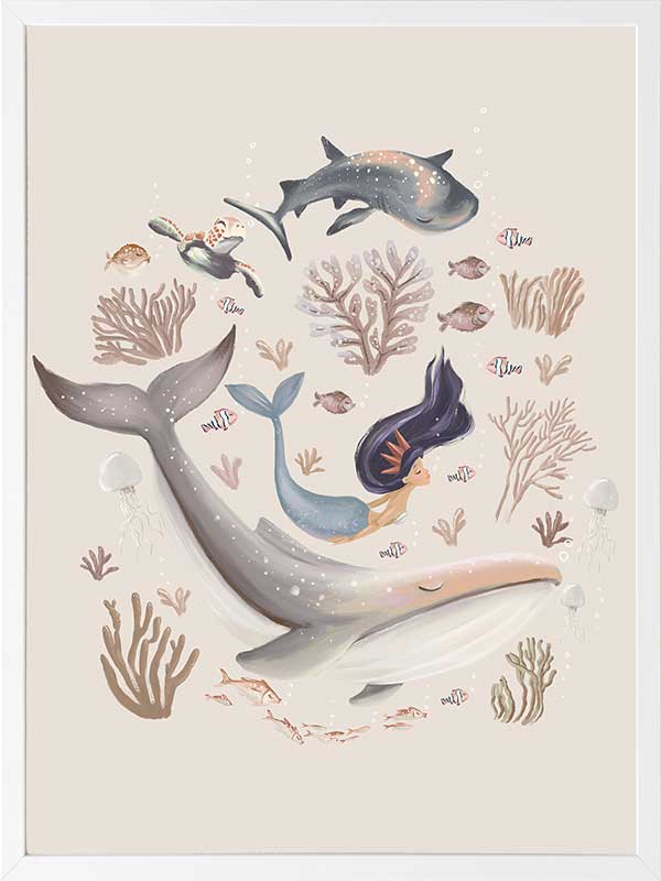 A playful marine composition with a mermaid, whale, and fish swimming amidst soft-toned corals, part of the Little Tails Collection by Urban Road.