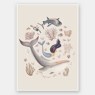 A playful marine composition with a mermaid, whale, and fish swimming amidst soft-toned corals, part of the Little Tails Collection by Urban Road.