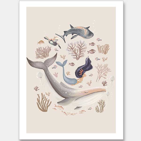 A playful marine composition with a mermaid, whale, and fish swimming amidst soft-toned corals, part of the Little Tails Collection by Urban Road.