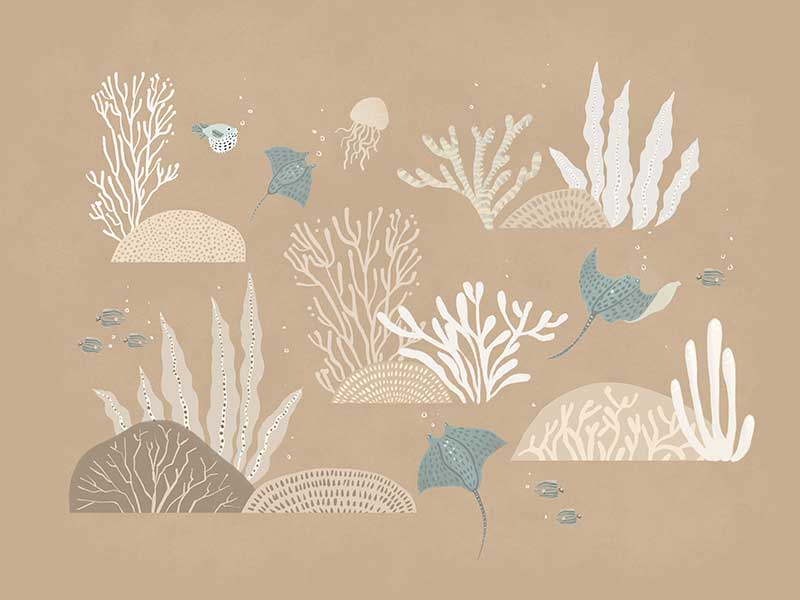 An underwater “garden” of corals, seaweed and small fish in soft brown and neutral tones, from the Little Tails Collection by Urban Road.