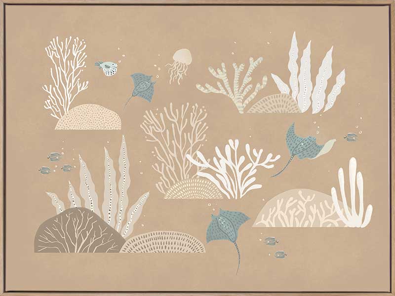 An underwater “garden” of corals, seaweed and small fish in soft brown and neutral tones, from the Little Tails Collection by Urban Road.