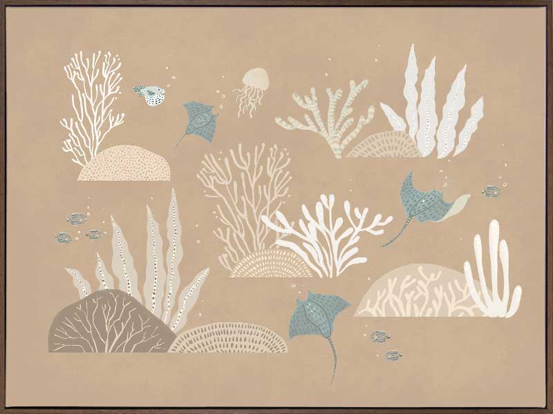 An underwater “garden” of corals, seaweed and small fish in soft brown and neutral tones, from the Little Tails Collection by Urban Road.