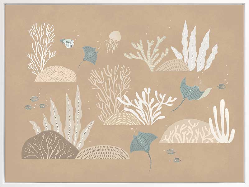An underwater “garden” of corals, seaweed and small fish in soft brown and neutral tones, from the Little Tails Collection by Urban Road.