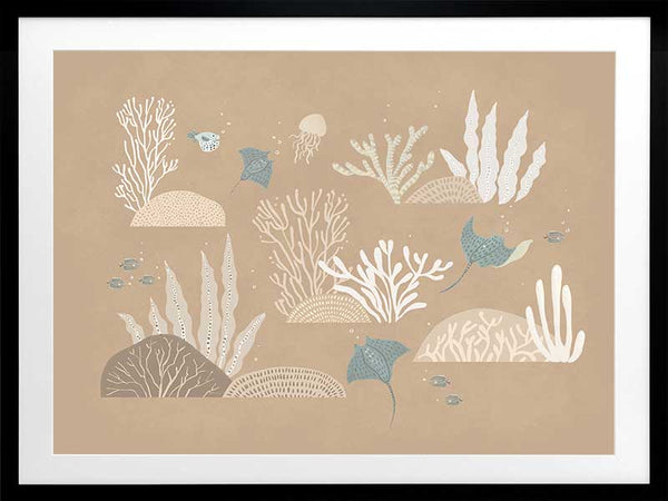 An underwater “garden” of corals, seaweed and small fish in soft brown and neutral tones, from the Little Tails Collection by Urban Road.