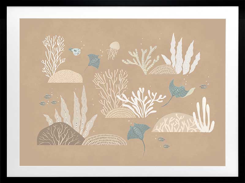 An underwater “garden” of corals, seaweed and small fish in soft brown and neutral tones, from the Little Tails Collection by Urban Road.