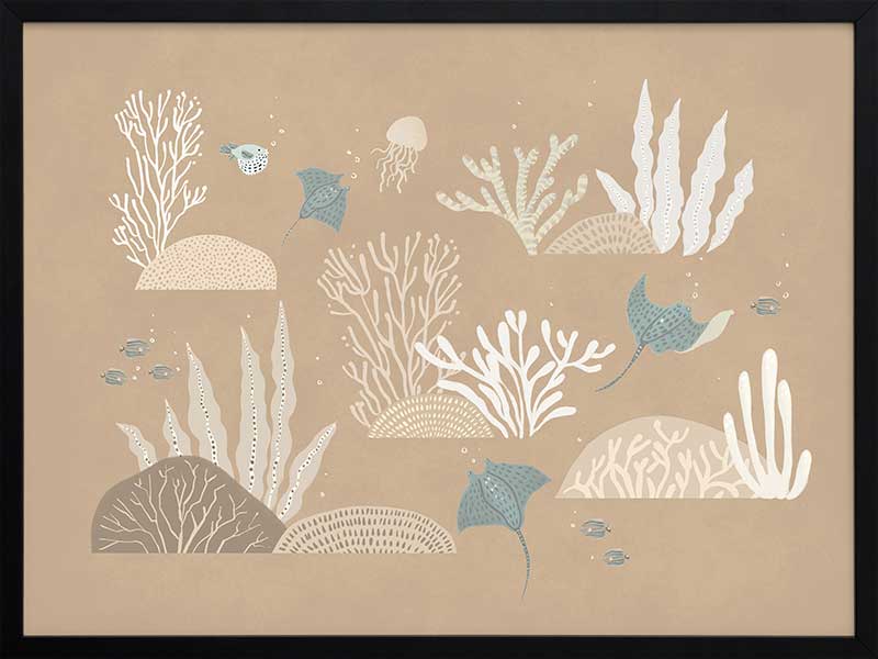 An underwater “garden” of corals, seaweed and small fish in soft brown and neutral tones, from the Little Tails Collection by Urban Road.
