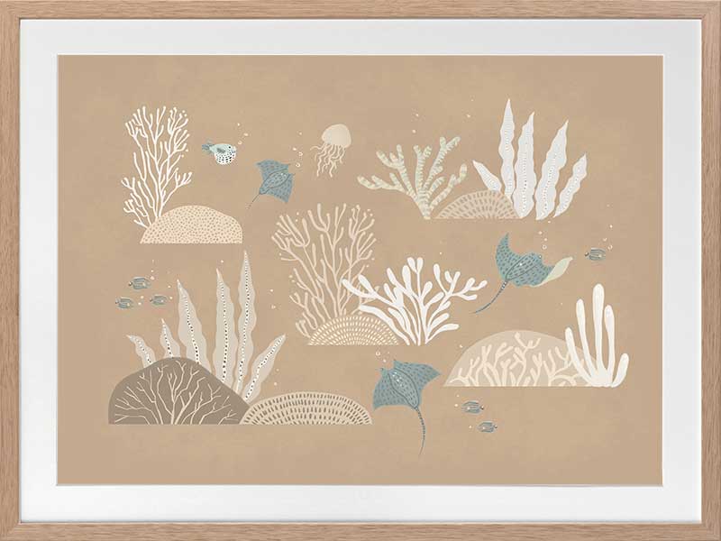 An underwater “garden” of corals, seaweed and small fish in soft brown and neutral tones, from the Little Tails Collection by Urban Road.
