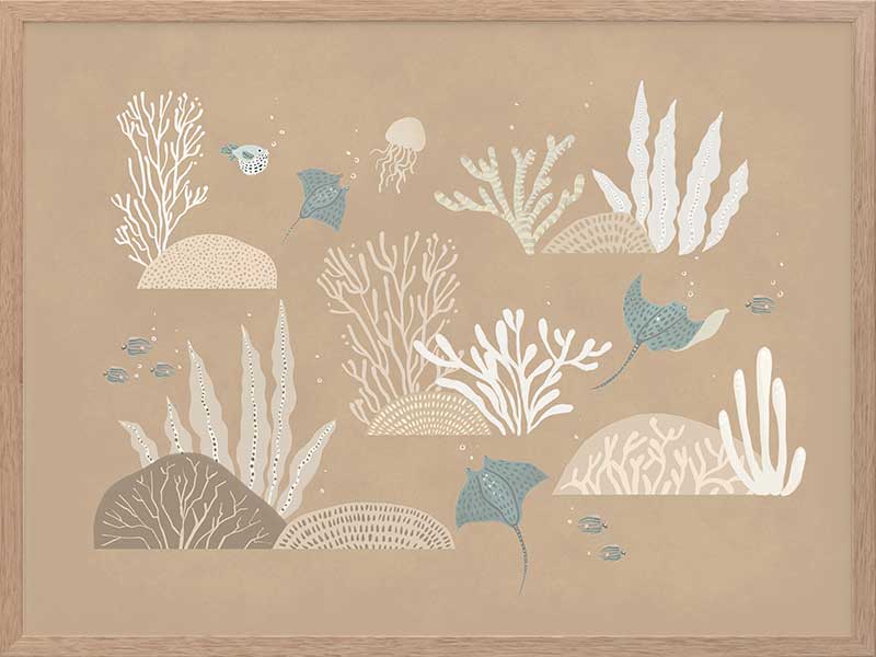 An underwater “garden” of corals, seaweed and small fish in soft brown and neutral tones, from the Little Tails Collection by Urban Road.