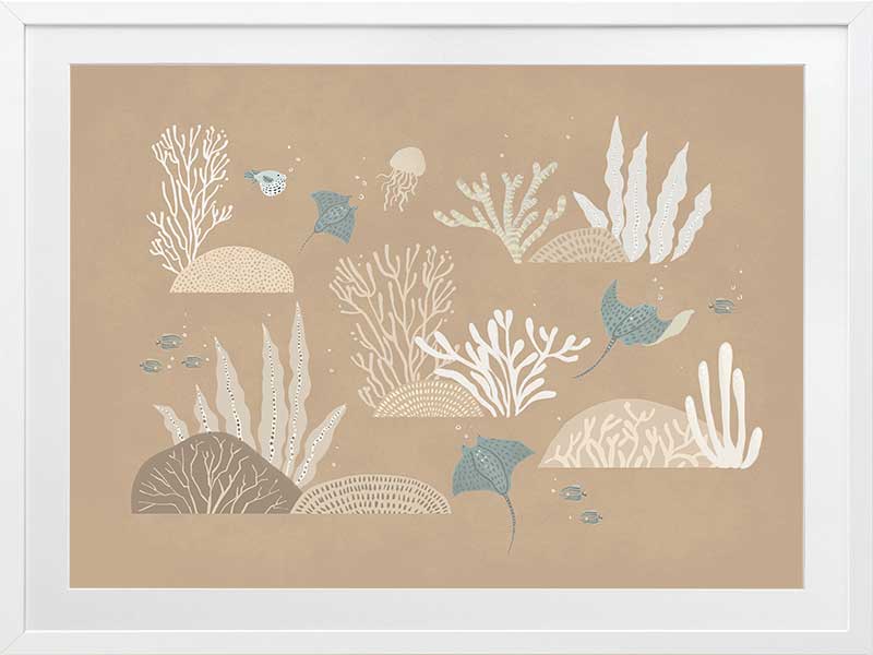 An underwater “garden” of corals, seaweed and small fish in soft brown and neutral tones, from the Little Tails Collection by Urban Road.