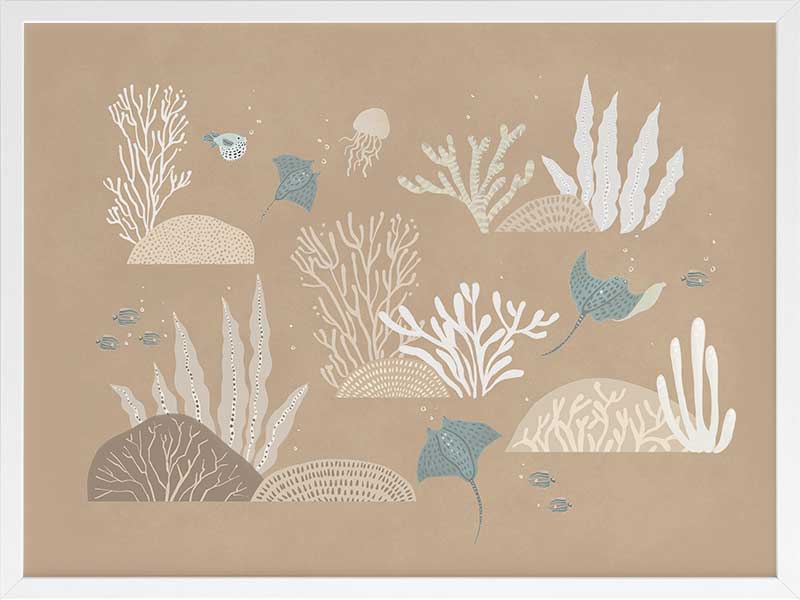 An underwater “garden” of corals, seaweed and small fish in soft brown and neutral tones, from the Little Tails Collection by Urban Road.