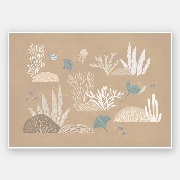 An underwater “garden” of corals, seaweed and small fish in soft brown and neutral tones, from the Little Tails Collection by Urban Road.