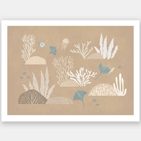 An underwater “garden” of corals, seaweed and small fish in soft brown and neutral tones, from the Little Tails Collection by Urban Road.