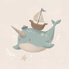 A cheerful blue narwhal wearing a captain’s hat with a tiny boat and bubbles around, in soft neutral tones, from the Little Tails Collection by Urban Road.