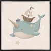 A cheerful blue narwhal wearing a captain’s hat with a tiny boat and bubbles around, in soft neutral tones, from the Little Tails Collection by Urban Road.