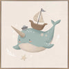 A cheerful blue narwhal wearing a captain’s hat with a tiny boat and bubbles around, in soft neutral tones, from the Little Tails Collection by Urban Road.