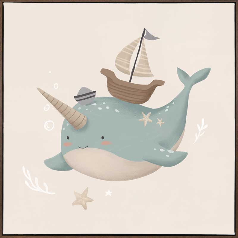A cheerful blue narwhal wearing a captain’s hat with a tiny boat and bubbles around, in soft neutral tones, from the Little Tails Collection by Urban Road.