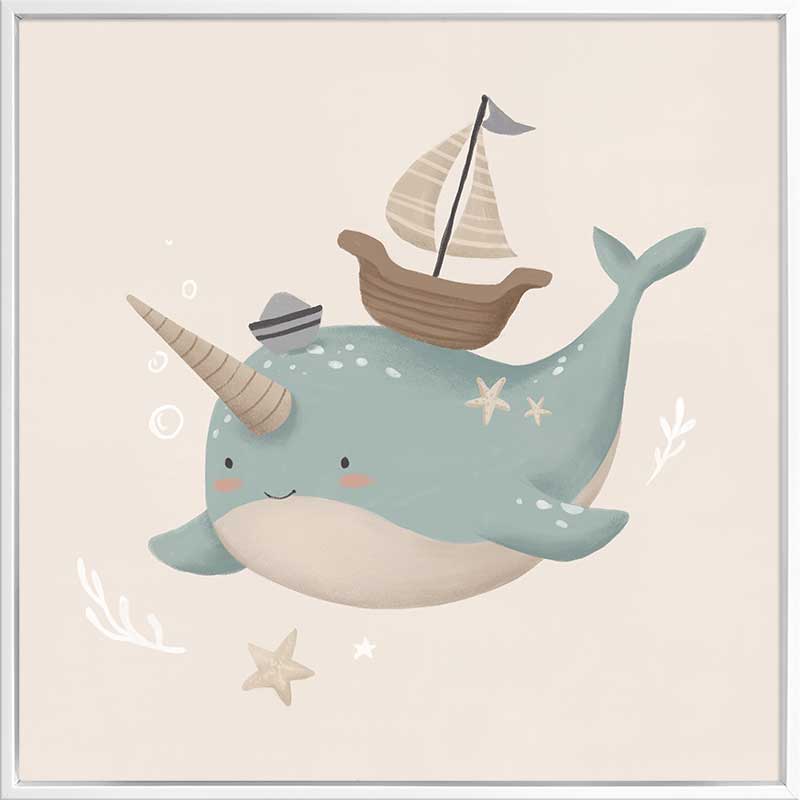 A cheerful blue narwhal wearing a captain’s hat with a tiny boat and bubbles around, in soft neutral tones, from the Little Tails Collection by Urban Road.