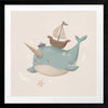 A cheerful blue narwhal wearing a captain’s hat with a tiny boat and bubbles around, in soft neutral tones, from the Little Tails Collection by Urban Road.
