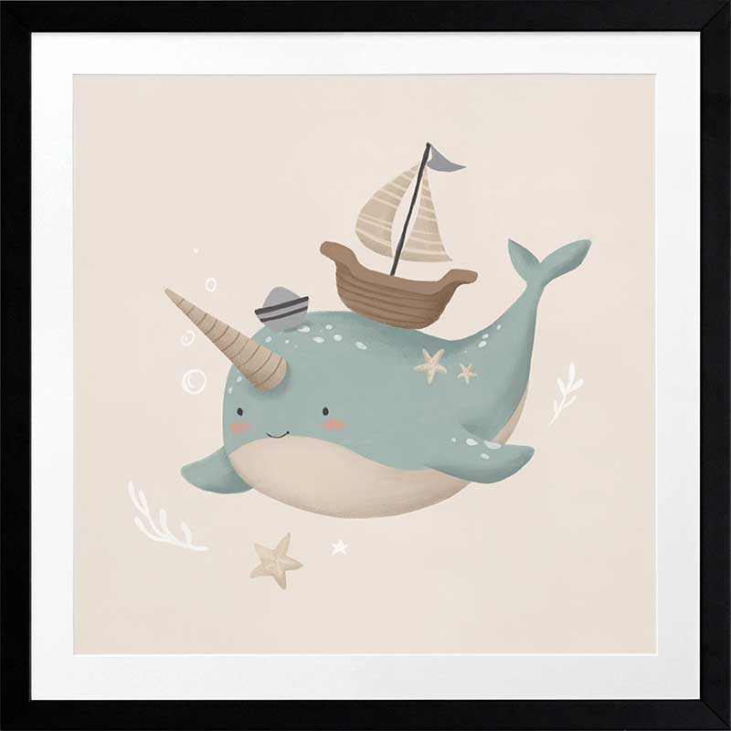 A cheerful blue narwhal wearing a captain’s hat with a tiny boat and bubbles around, in soft neutral tones, from the Little Tails Collection by Urban Road.