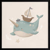 A cheerful blue narwhal wearing a captain’s hat with a tiny boat and bubbles around, in soft neutral tones, from the Little Tails Collection by Urban Road.