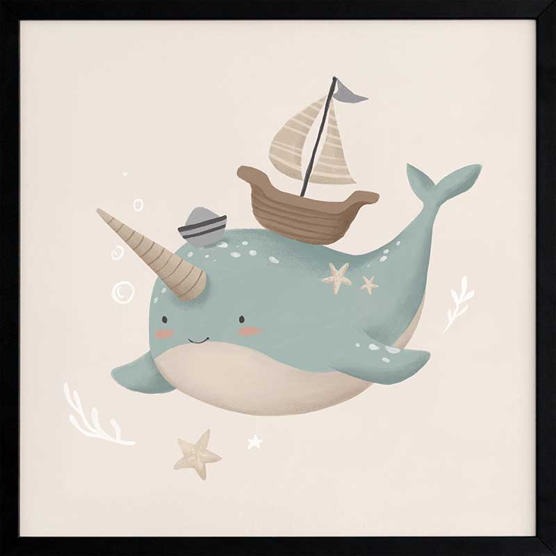 A cheerful blue narwhal wearing a captain’s hat with a tiny boat and bubbles around, in soft neutral tones, from the Little Tails Collection by Urban Road.