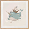 A cheerful blue narwhal wearing a captain’s hat with a tiny boat and bubbles around, in soft neutral tones, from the Little Tails Collection by Urban Road.
