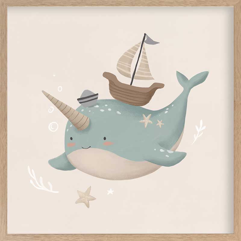 A cheerful blue narwhal wearing a captain’s hat with a tiny boat and bubbles around, in soft neutral tones, from the Little Tails Collection by Urban Road.