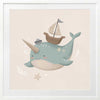 A cheerful blue narwhal wearing a captain’s hat with a tiny boat and bubbles around, in soft neutral tones, from the Little Tails Collection by Urban Road.