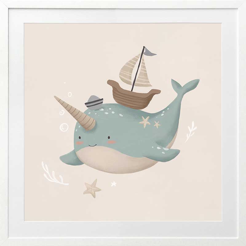 A cheerful blue narwhal wearing a captain’s hat with a tiny boat and bubbles around, in soft neutral tones, from the Little Tails Collection by Urban Road.