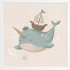 A cheerful blue narwhal wearing a captain’s hat with a tiny boat and bubbles around, in soft neutral tones, from the Little Tails Collection by Urban Road.