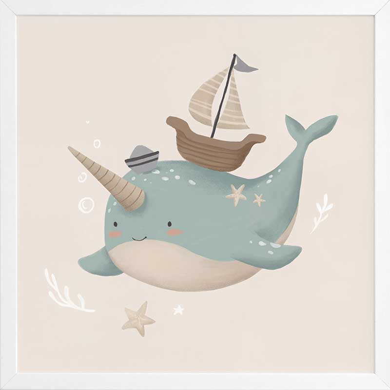 A cheerful blue narwhal wearing a captain’s hat with a tiny boat and bubbles around, in soft neutral tones, from the Little Tails Collection by Urban Road.