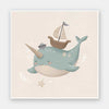 A cheerful blue narwhal wearing a captain’s hat with a tiny boat and bubbles around, in soft neutral tones, from the Little Tails Collection by Urban Road.