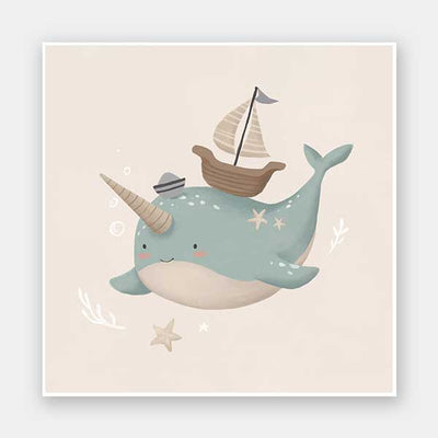 A cheerful blue narwhal wearing a captain’s hat with a tiny boat and bubbles around, in soft neutral tones, from the Little Tails Collection by Urban Road.