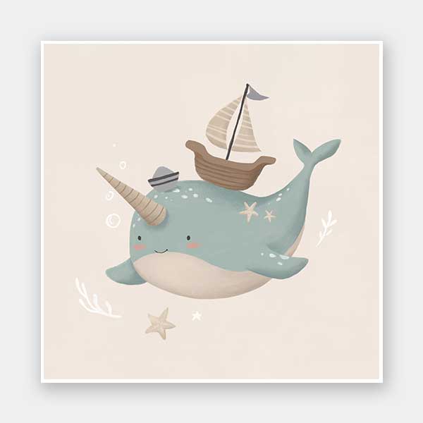 A cheerful blue narwhal wearing a captain’s hat with a tiny boat and bubbles around, in soft neutral tones, from the Little Tails Collection by Urban Road.