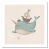 A cheerful blue narwhal wearing a captain’s hat with a tiny boat and bubbles around, in soft neutral tones, from the Little Tails Collection by Urban Road.