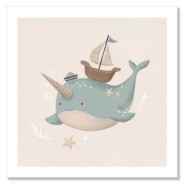 A cheerful blue narwhal wearing a captain’s hat with a tiny boat and bubbles around, in soft neutral tones, from the Little Tails Collection by Urban Road.