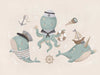 A playful underwater crew with a sailor octopus and a friendly narwhal among nautical accents in neutral blues, from the Little Tails Collection by Urban Road.