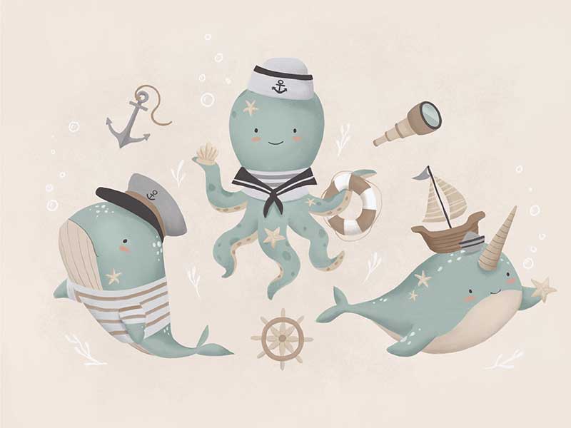 A playful underwater crew with a sailor octopus and a friendly narwhal among nautical accents in neutral blues, from the Little Tails Collection by Urban Road.