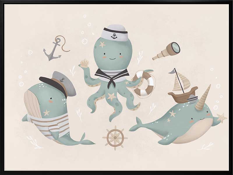 A playful underwater crew with a sailor octopus and a friendly narwhal among nautical accents in neutral blues, from the Little Tails Collection by Urban Road.