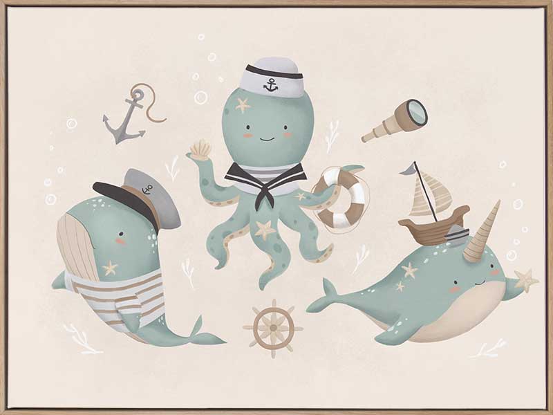 A playful underwater crew with a sailor octopus and a friendly narwhal among nautical accents in neutral blues, from the Little Tails Collection by Urban Road.