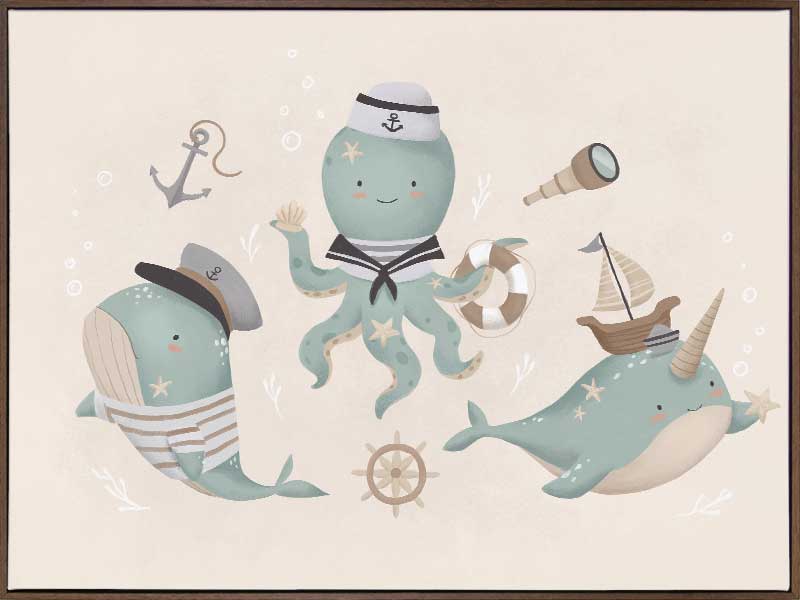 A playful underwater crew with a sailor octopus and a friendly narwhal among nautical accents in neutral blues, from the Little Tails Collection by Urban Road.