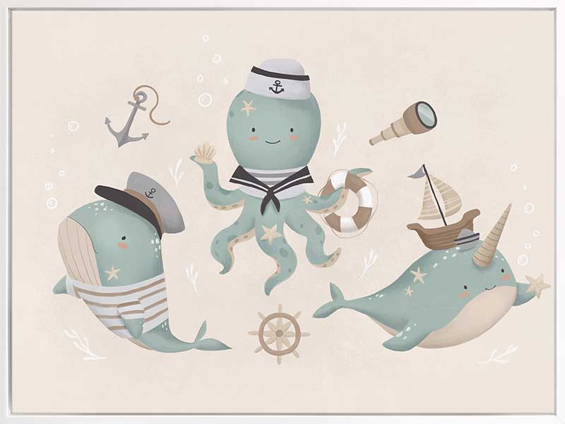 A playful underwater crew with a sailor octopus and a friendly narwhal among nautical accents in neutral blues, from the Little Tails Collection by Urban Road.