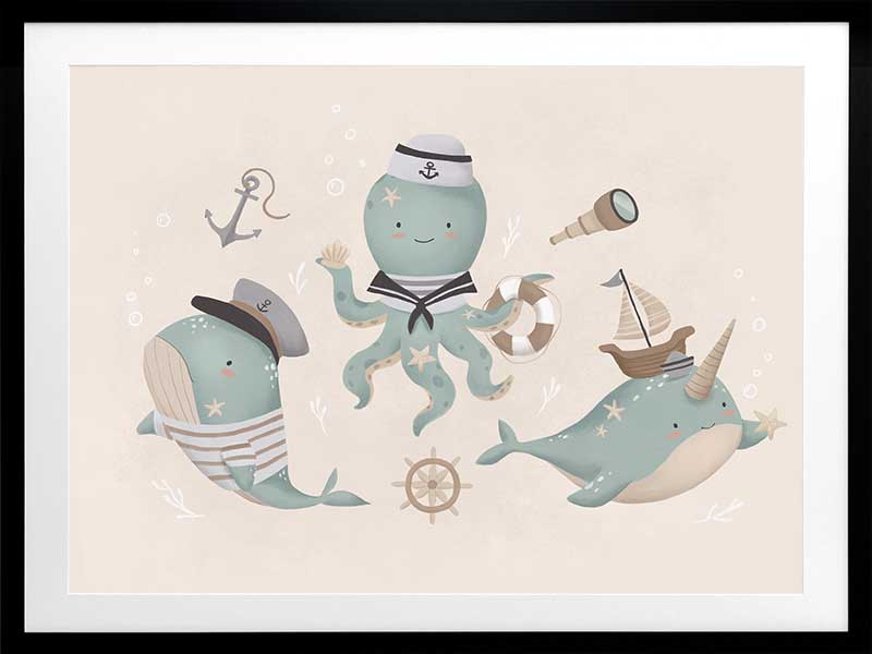 A playful underwater crew with a sailor octopus and a friendly narwhal among nautical accents in neutral blues, from the Little Tails Collection by Urban Road.