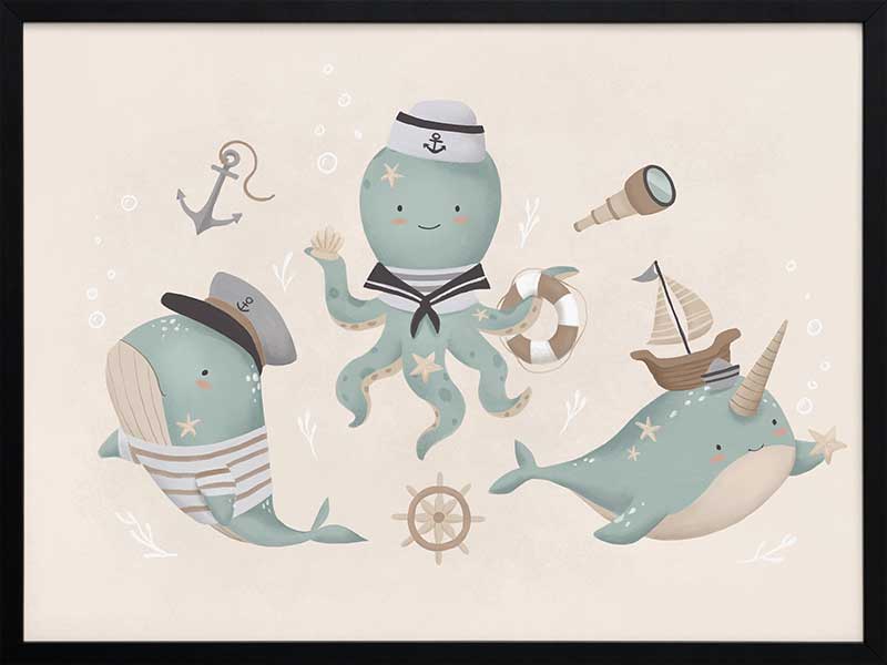 A playful underwater crew with a sailor octopus and a friendly narwhal among nautical accents in neutral blues, from the Little Tails Collection by Urban Road.