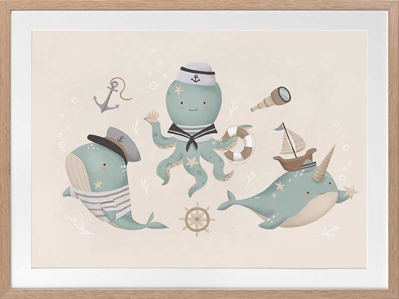 A playful underwater crew with a sailor octopus and a friendly narwhal among nautical accents in neutral blues, from the Little Tails Collection by Urban Road.