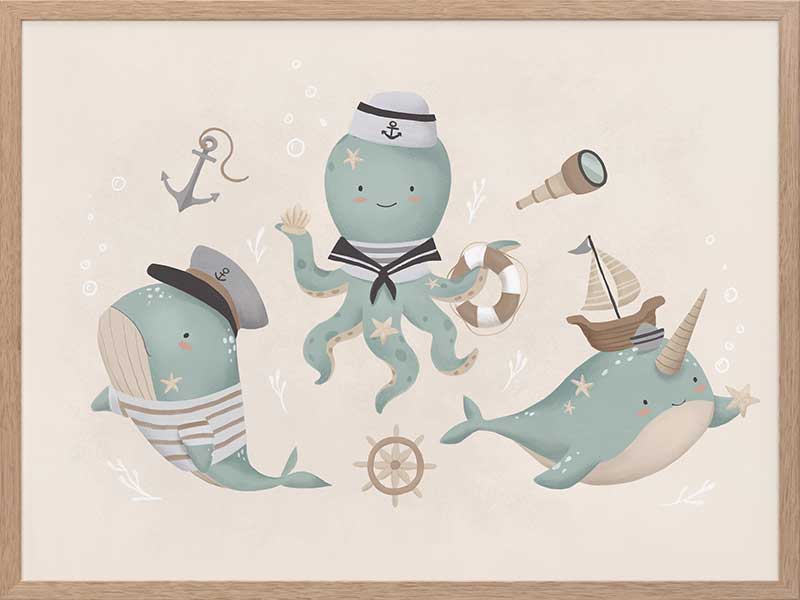 A playful underwater crew with a sailor octopus and a friendly narwhal among nautical accents in neutral blues, from the Little Tails Collection by Urban Road.